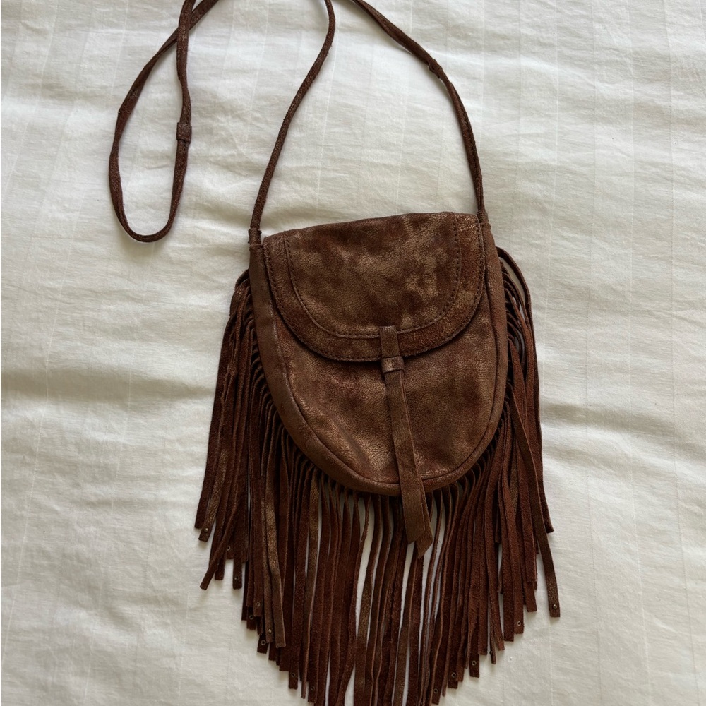RARE Hobo International brown genuine sueded leather crossbody bag w/ fringe